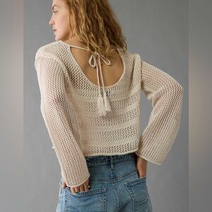 American Eagle Womens Size L Crochet Open Back Long Sleeve Sweater Cream Boho